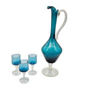 VTG Empoli Art Glass Pitcher Decanter Teal Blue Swan Handle & 3 Cordial Glasses